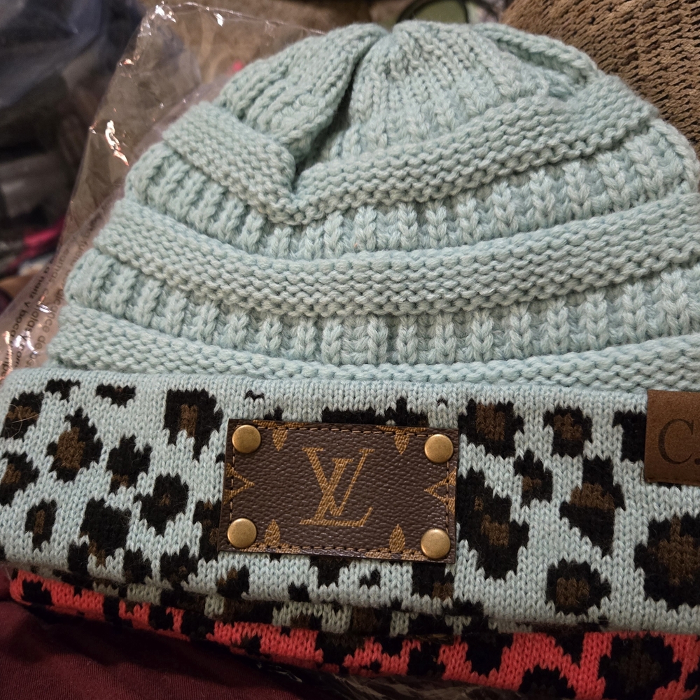 Louis Vuitton Monogram Patch Knit Beanie in Light Aqua with Leopard Cuff
